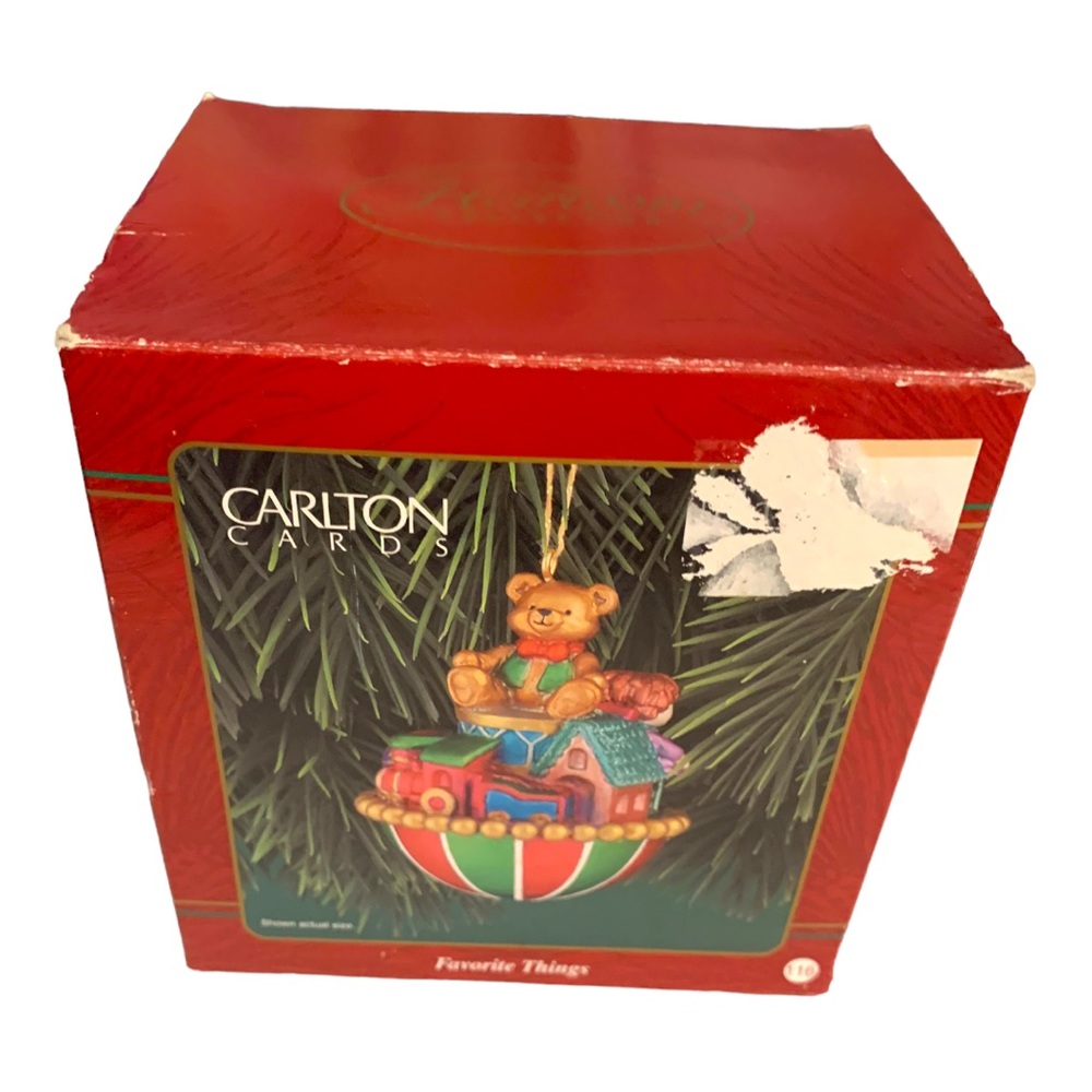 VTG 1999 Carlton Cards Bear Toy Train German Style Glass Christmas Ornament
